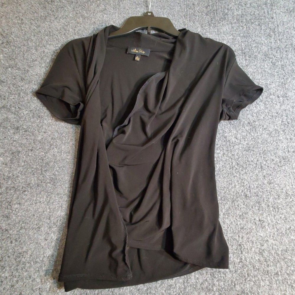 Melissa Paige Short Sleeve Deep Criss Cross V-Neck Black  Blouse, M